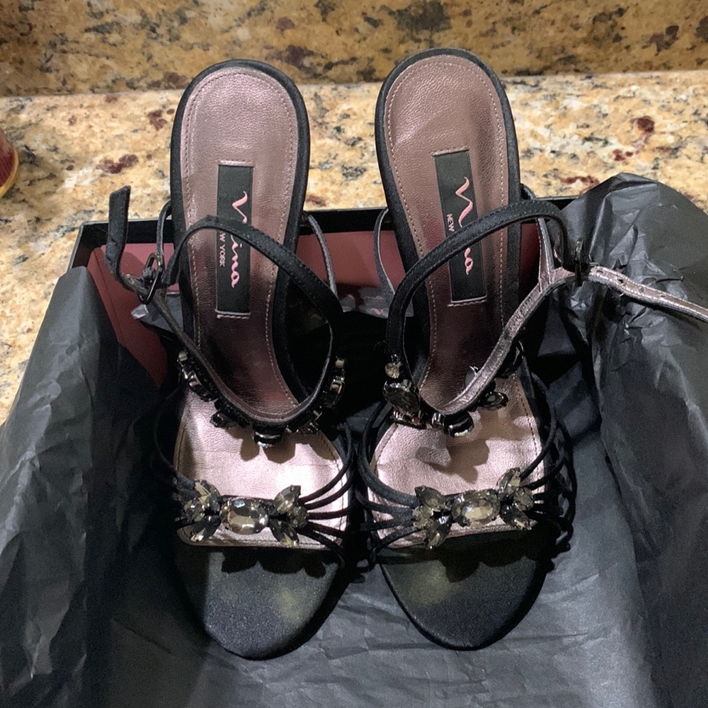 Gently worn black satin and crystal Nina dress heels.